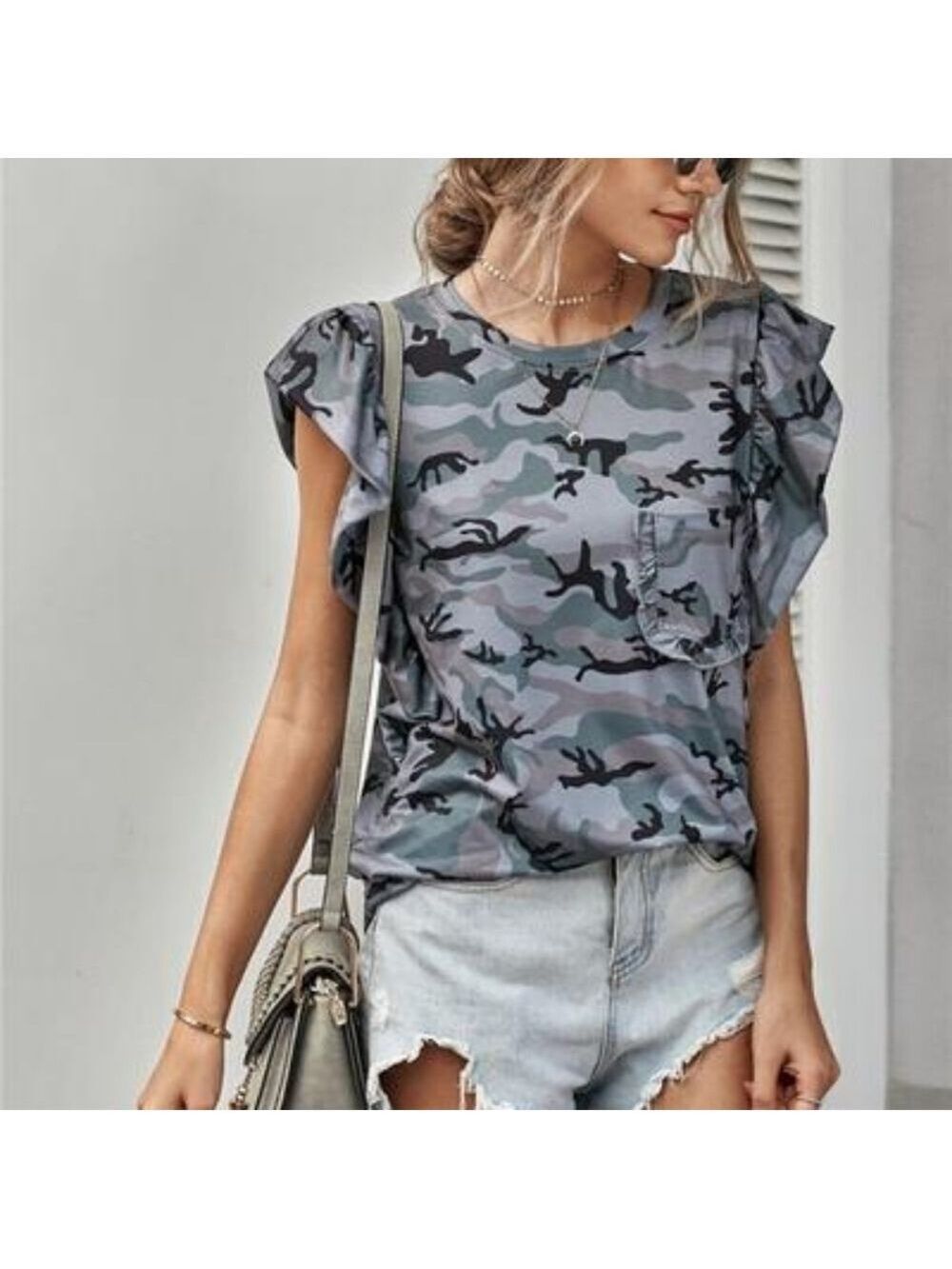 TRÏBE Gray Camouflage Print Ruffled Cap Sleeve T-shirt Size Small